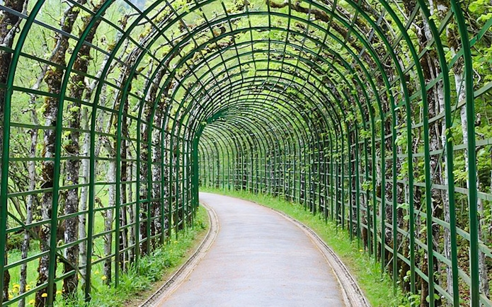 Pathway through green trellis archway in Linderhof Palace gardens.
