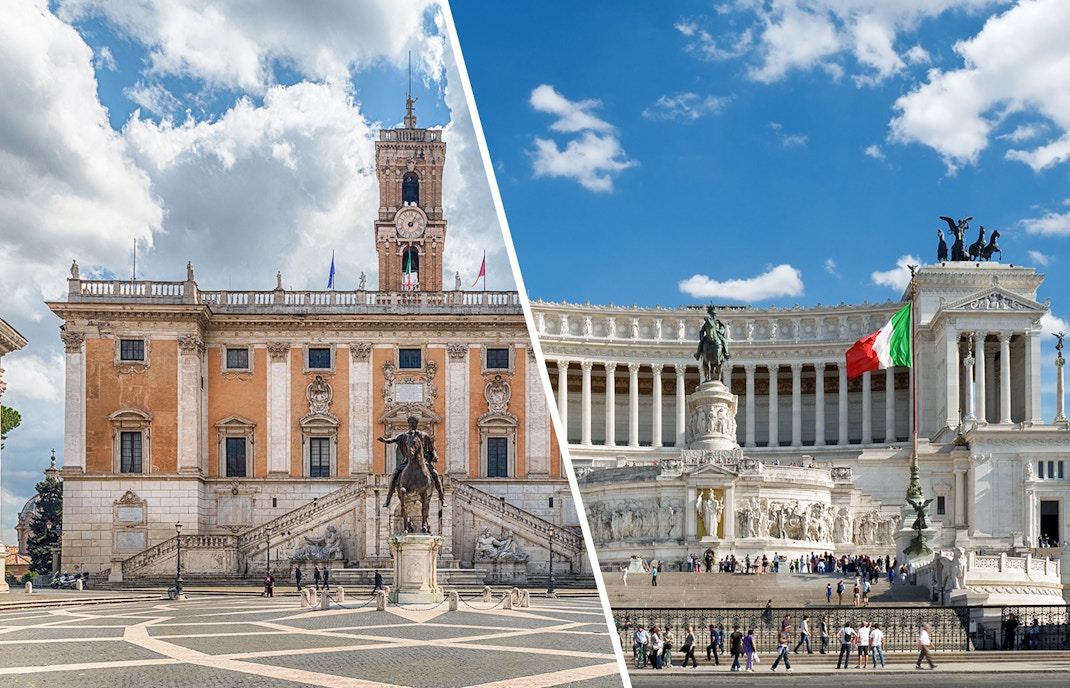 Capitoline Museums exterior with Altare della Patria in Rome, featuring glass elevator view.