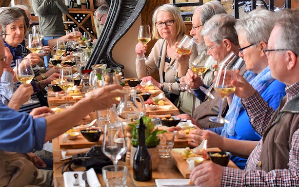 Group enjoying wine tasting at a long table in Diocletian's Palace, Split.