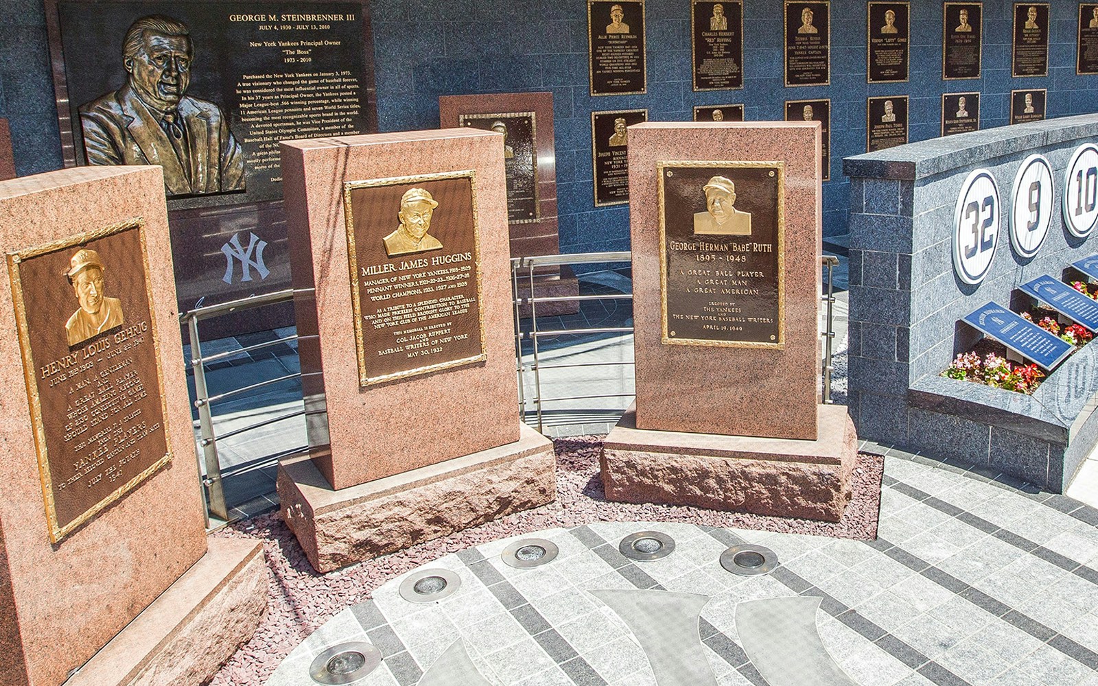 Yankees Monument Park plaques honoring Lou Gehrig, Miller Huggins, and Babe Ruth.