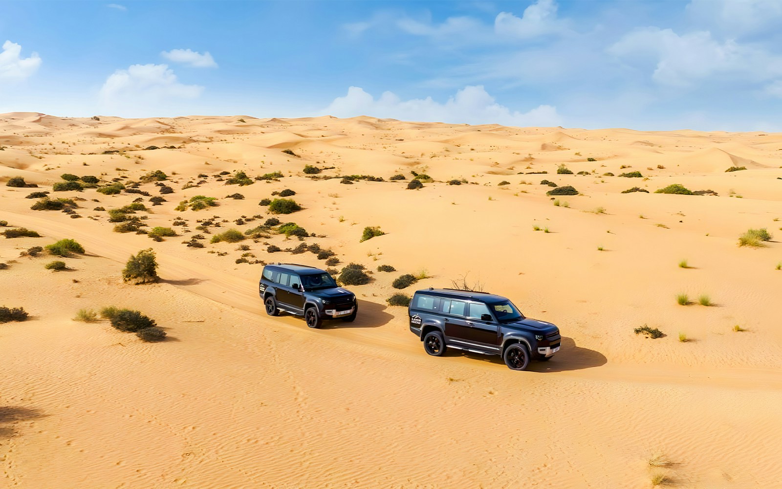 Land Rover Defenders driving through Dubai Desert Conservation Reserve.