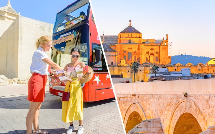 Tourists with map near Córdoba sightseeing bus and view of Córdoba Cathedral.