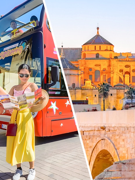 Tourists with map near Córdoba sightseeing bus and view of Córdoba Cathedral.