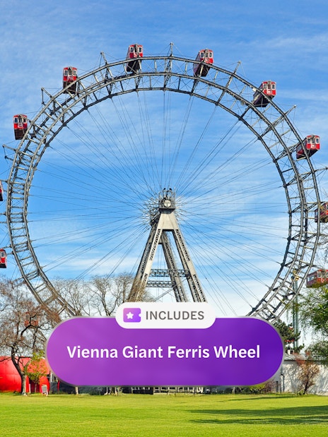 Vienna Giant Ferris Wheel in a park setting with trees and blue sky.