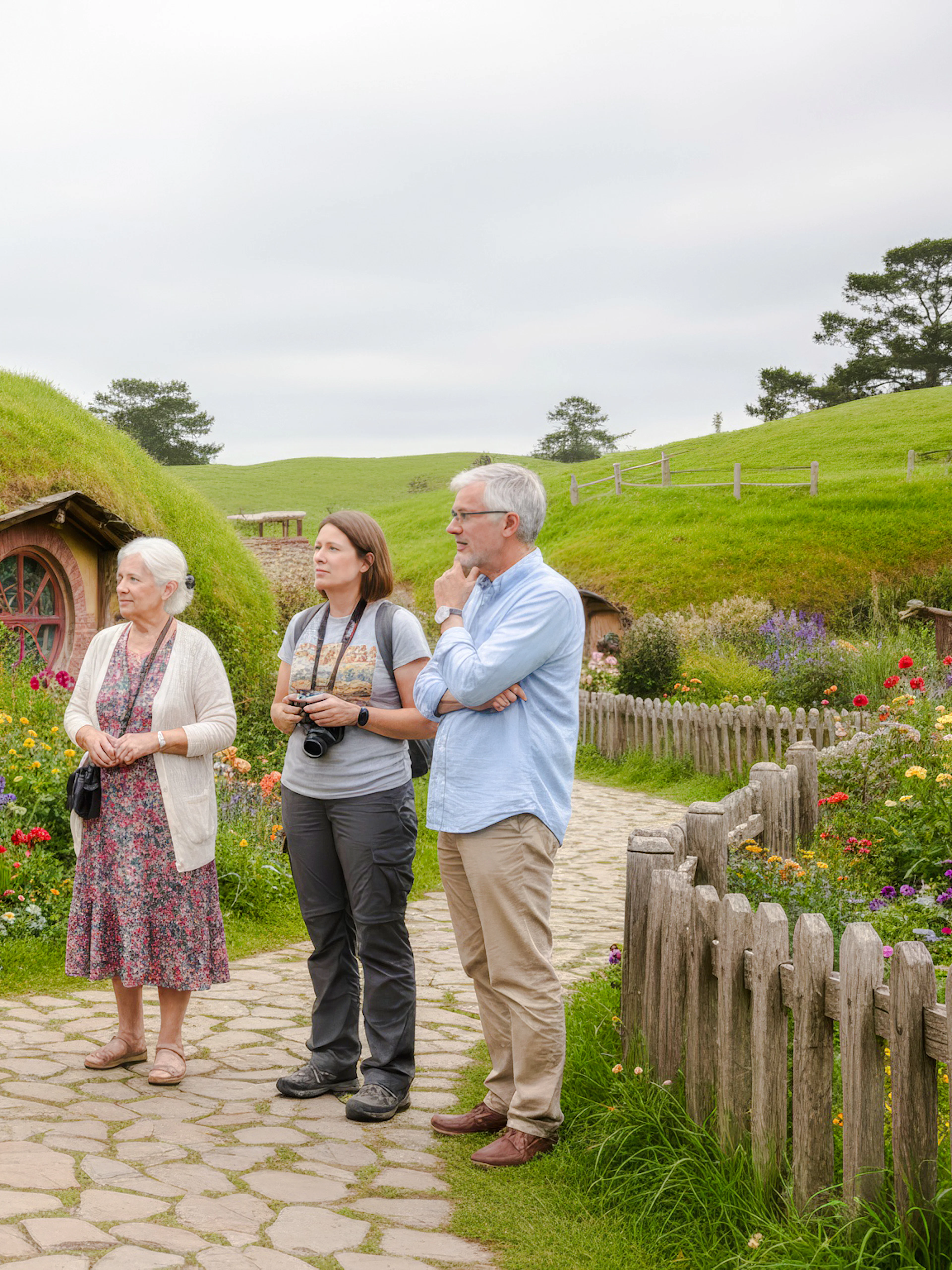 Guide explaining Hobbiton Movie Set to tour group in New Zealand.
