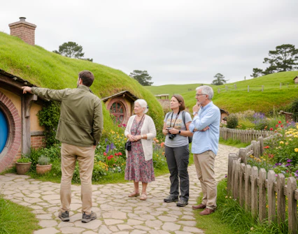 Guide explaining Hobbiton Movie Set to tour group in New Zealand.