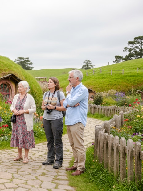 Guide explaining Hobbiton Movie Set to tour group in New Zealand.