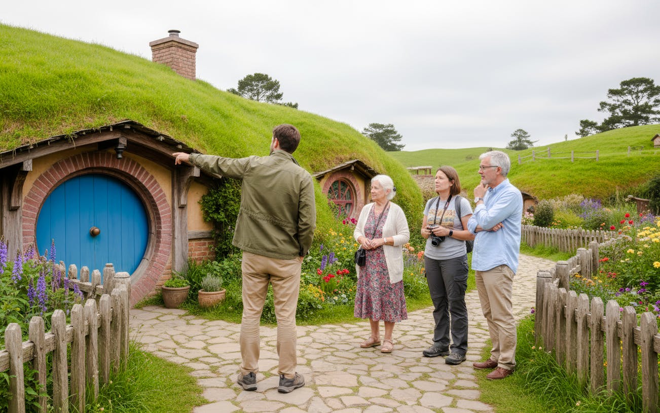 Guide explaining Hobbiton Movie Set to tour group in New Zealand.