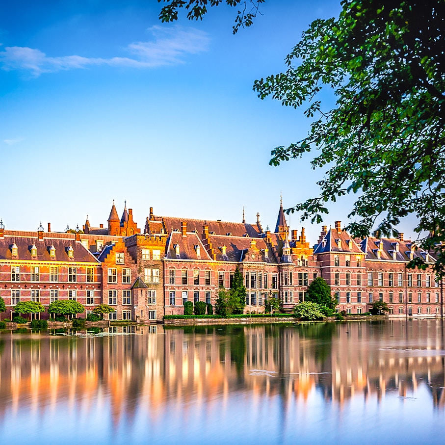 Binnenhof complex reflecting in the Hofvijver pond, The Hague.