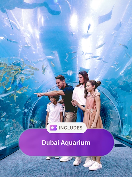 Family exploring underwater tunnel at Dubai Aquarium.