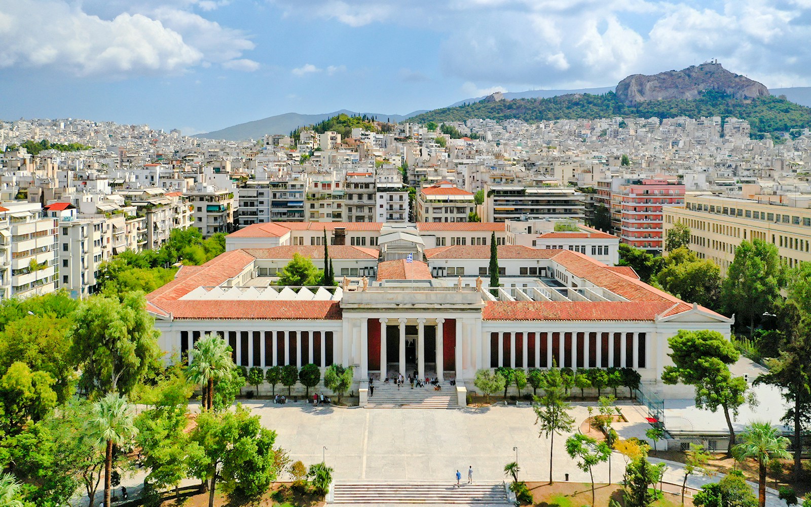 Aerial drone photo of iconic public National Archaeological Museum in the heart of Athens, Attica, Greece
