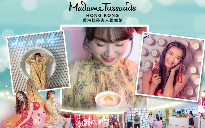 Madame Tussauds Hong Kong collage with wax figures and interactive exhibits.