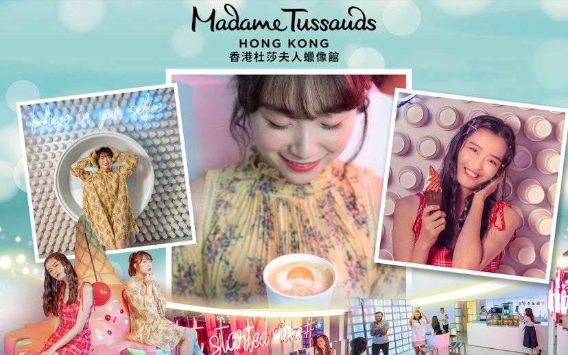 Madame Tussauds Hong Kong collage with wax figures and interactive exhibits.
