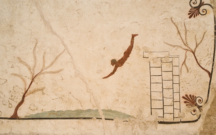 Diver fresco from the tomb of the diver at Paestum archaeological site, Italy.