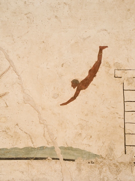 Diver fresco from the tomb of the diver at Paestum archaeological site, Italy.