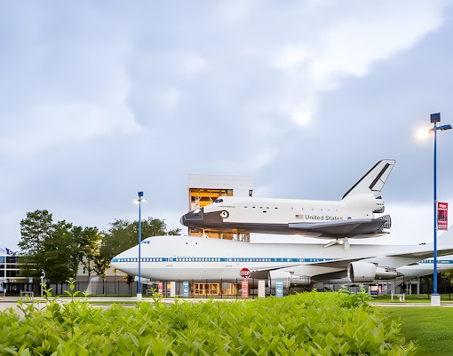 Airplanes stacked outside the Houston Space Center