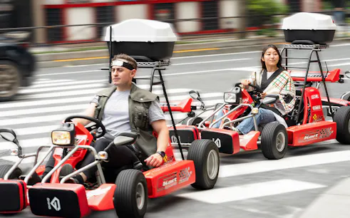 People driving go-karts on Akihabara streets in Tokyo.