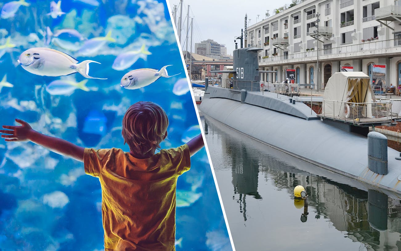 Child watching fish at Aquarium of Genoa and submarine at Galata Maritime Museum.