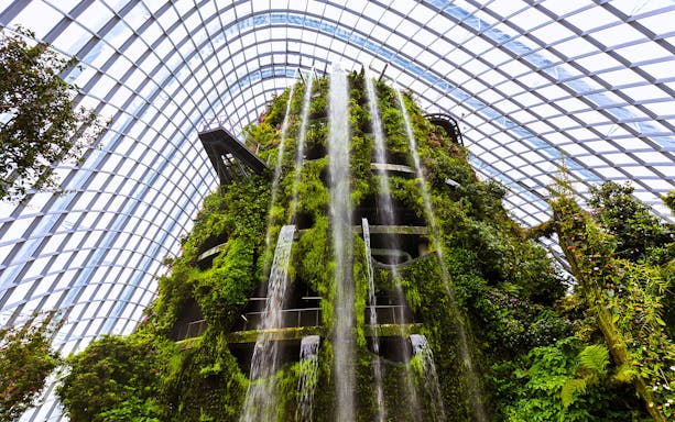 Indoor waterfall and lush greenery at Cloud Forest, Singapore, part of the Garden City Pass.
