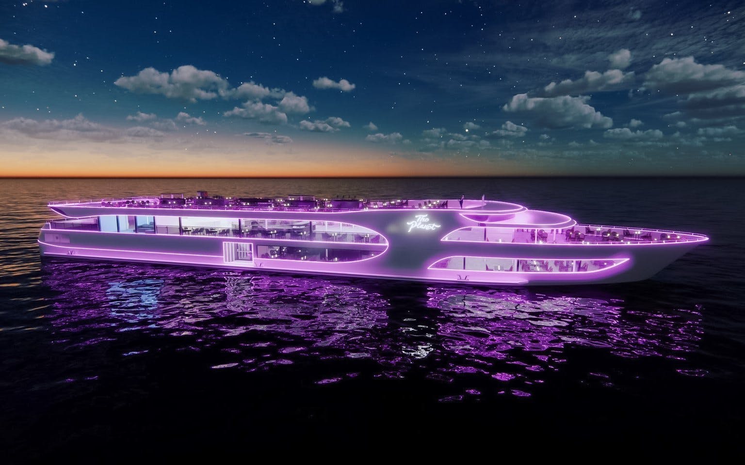 Cruise ship with purple lights sailing at night from Asiatique Pier, tourists on board.