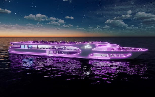 Cruise ship with purple lights sailing at night from Asiatique Pier, tourists on board.