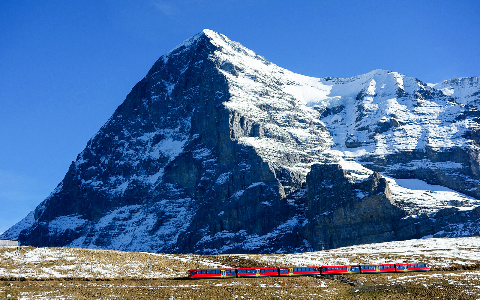 Eiger North Face view from Grindelwald cable car in Switzerland.