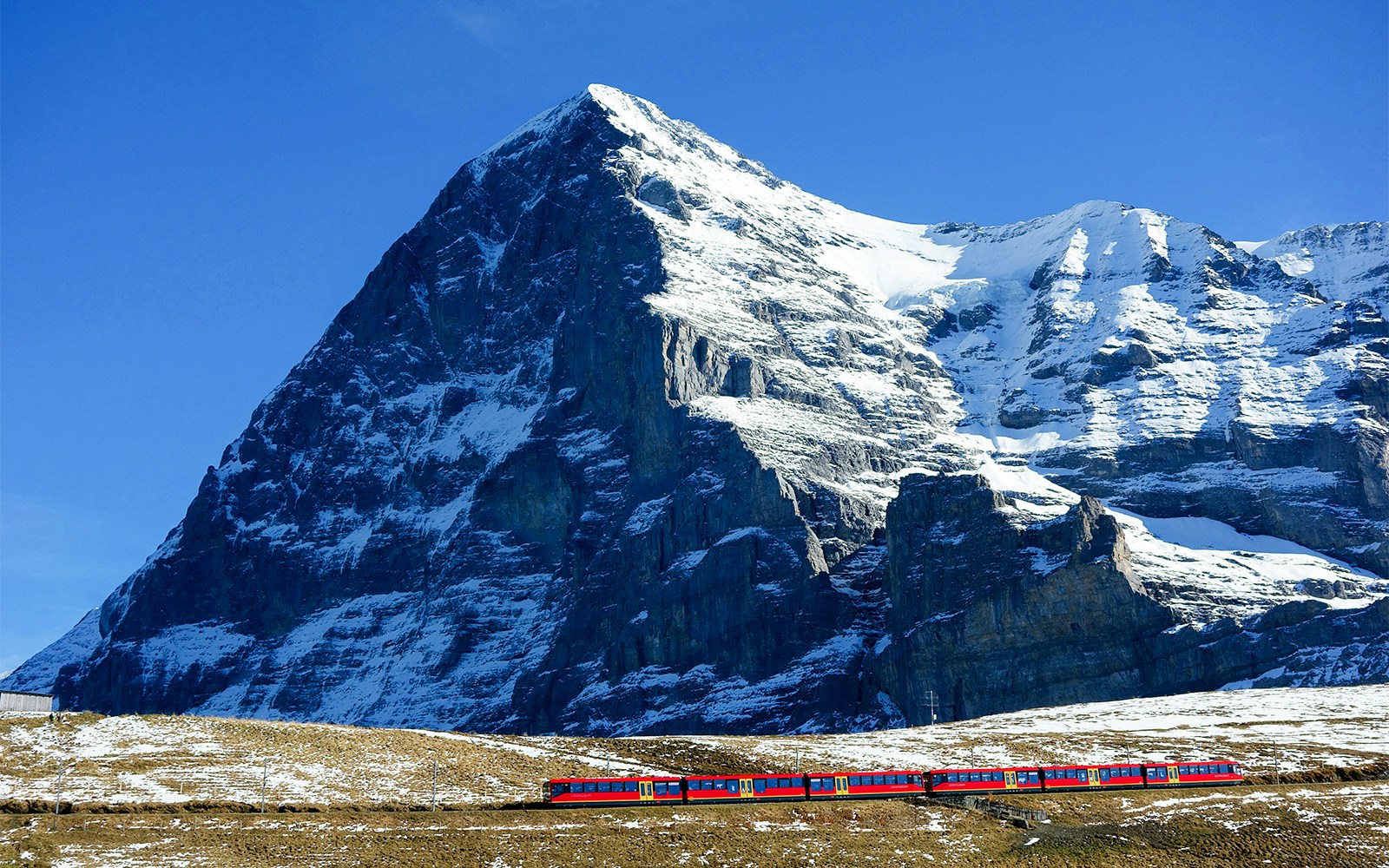 Eiger North Face view from Grindelwald cable car in Switzerland.