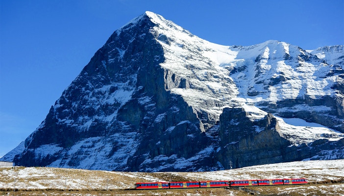 Eiger North Face view from Grindelwald cable car in Switzerland.