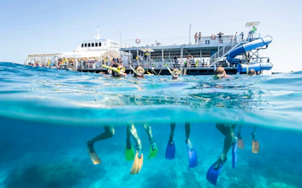 Tourists snorkeling at Moore Reef, Great Barrier Reef near a boat in clear blue waters.