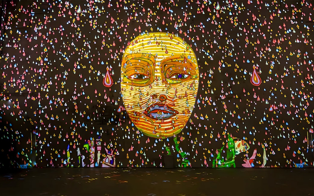 Hundertwasser artwork projection with colorful drops at Port des Lumières, Hamburg.