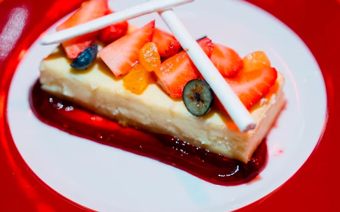 Cheesecake with fresh fruit served at Rojo Tango Show Dinner in Buenos Aires.