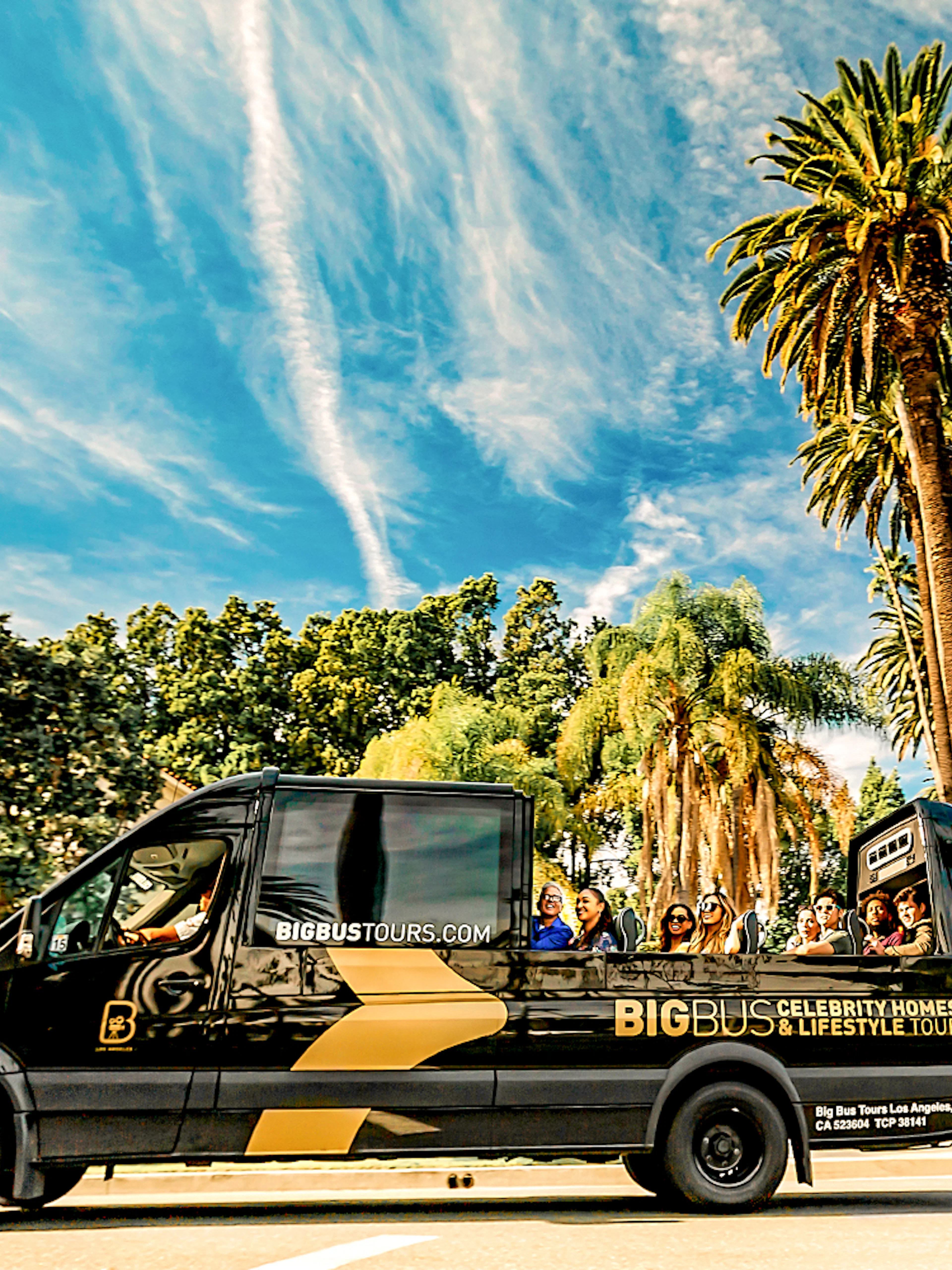 Tour bus driving through palm-lined street on Celebrity Homes Tour in Los Angeles.