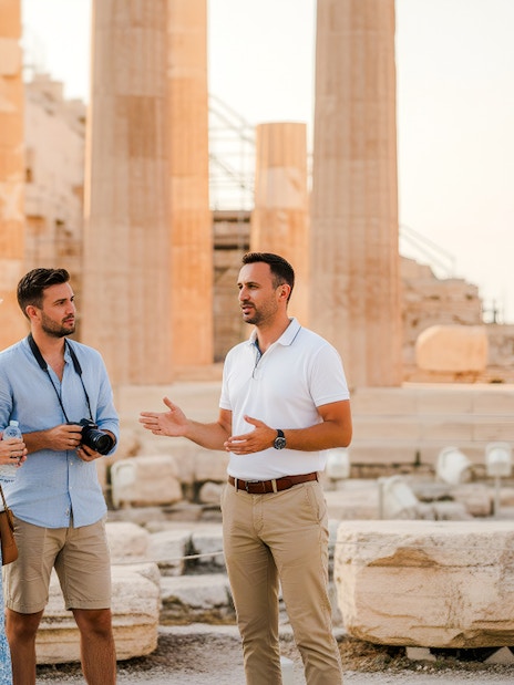 Tour guide explaining the Parthenon to visitors at the Acropolis.