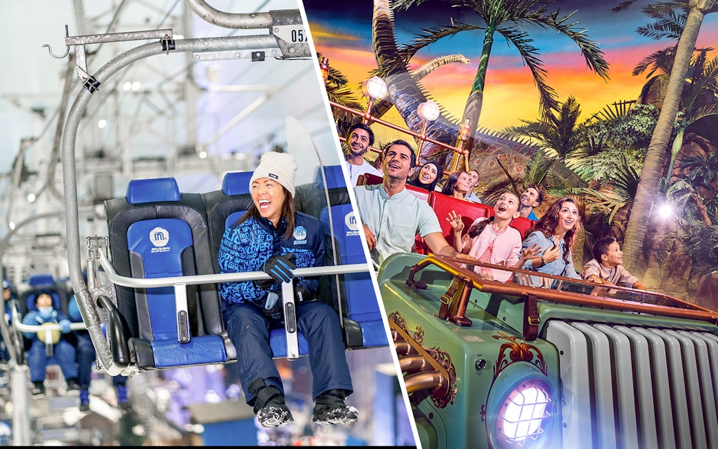 Ski Dubai chairlift and IMG Worlds of Adventure ride with excited visitors.