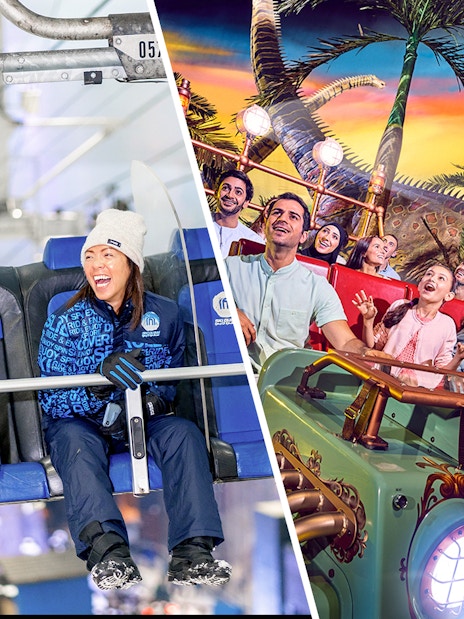 Ski Dubai chairlift and IMG Worlds of Adventure ride with excited visitors.