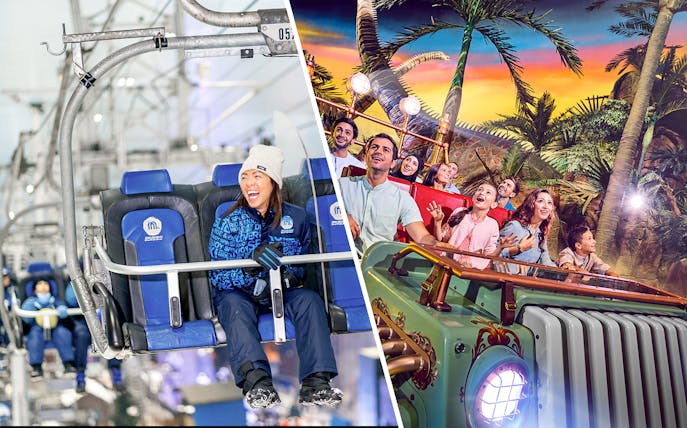Ski Dubai chairlift and IMG Worlds of Adventure ride with excited visitors.
