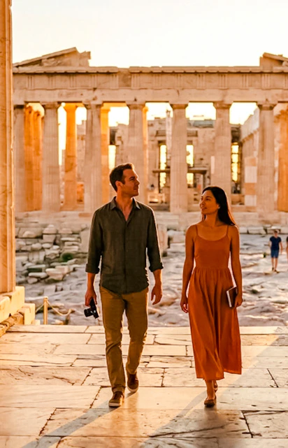 Guests walking through the Acropolis in Athens at sunset.
