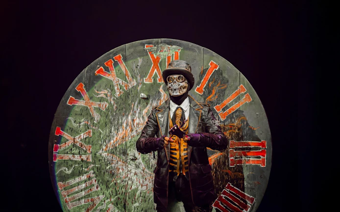 Performer with skeleton makeup and top hat at Phuket Aqua Circus.