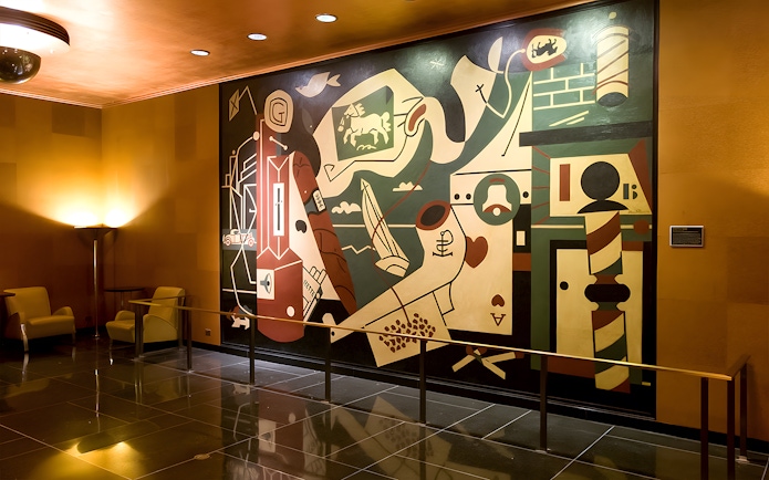 Art deco mural inside Radio City Music Hall during guided tour.