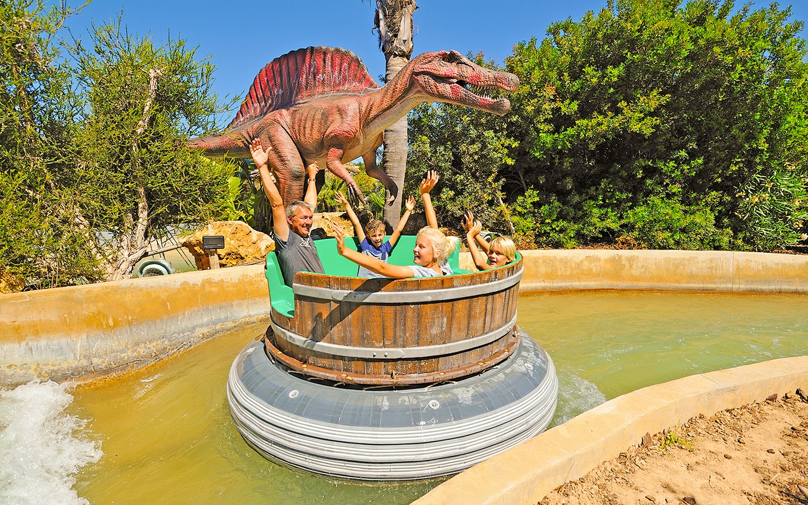 Guest enjoying Jurassic River ride at Zoomarine Algarve, Portugal.