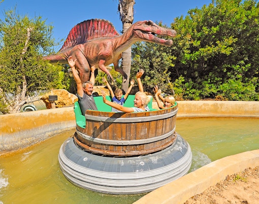 Guest enjoying Jurassic River ride at Zoomarine Algarve, Portugal.