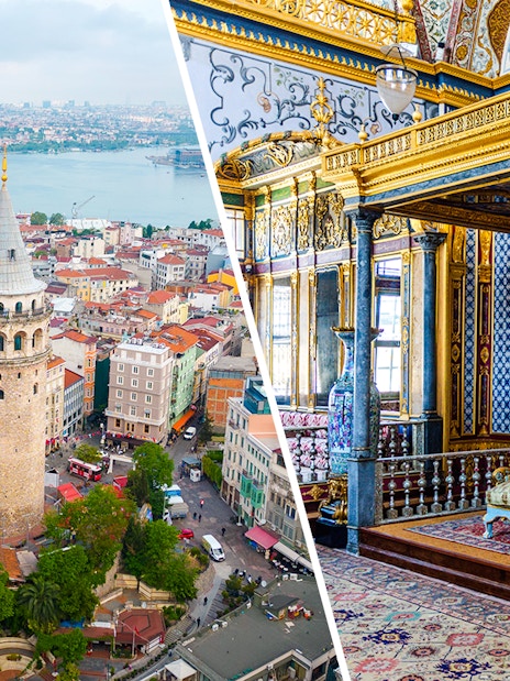 Galata Tower overlooking Istanbul and ornate interior of Topkapi Palace.