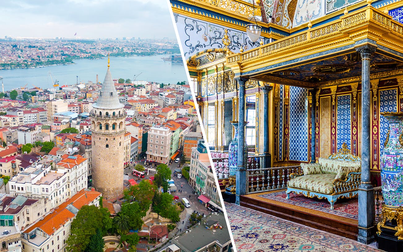 Galata Tower overlooking Istanbul and ornate interior of Topkapi Palace.