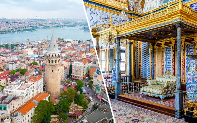 Galata Tower overlooking Istanbul and ornate interior of Topkapi Palace.
