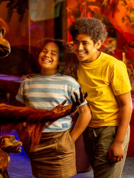 Kids observing primate exhibit at Our Wondrous Planet, Melbourne Museum.