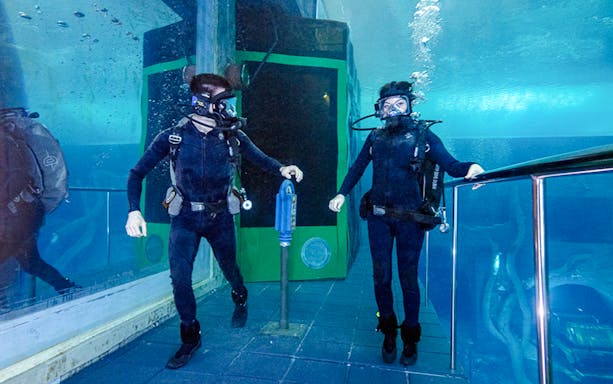 Divers exploring underwater Sunken City attraction.