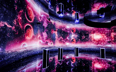 Immersive space-themed digital art installation at MIRACLEWORLD Osaka.