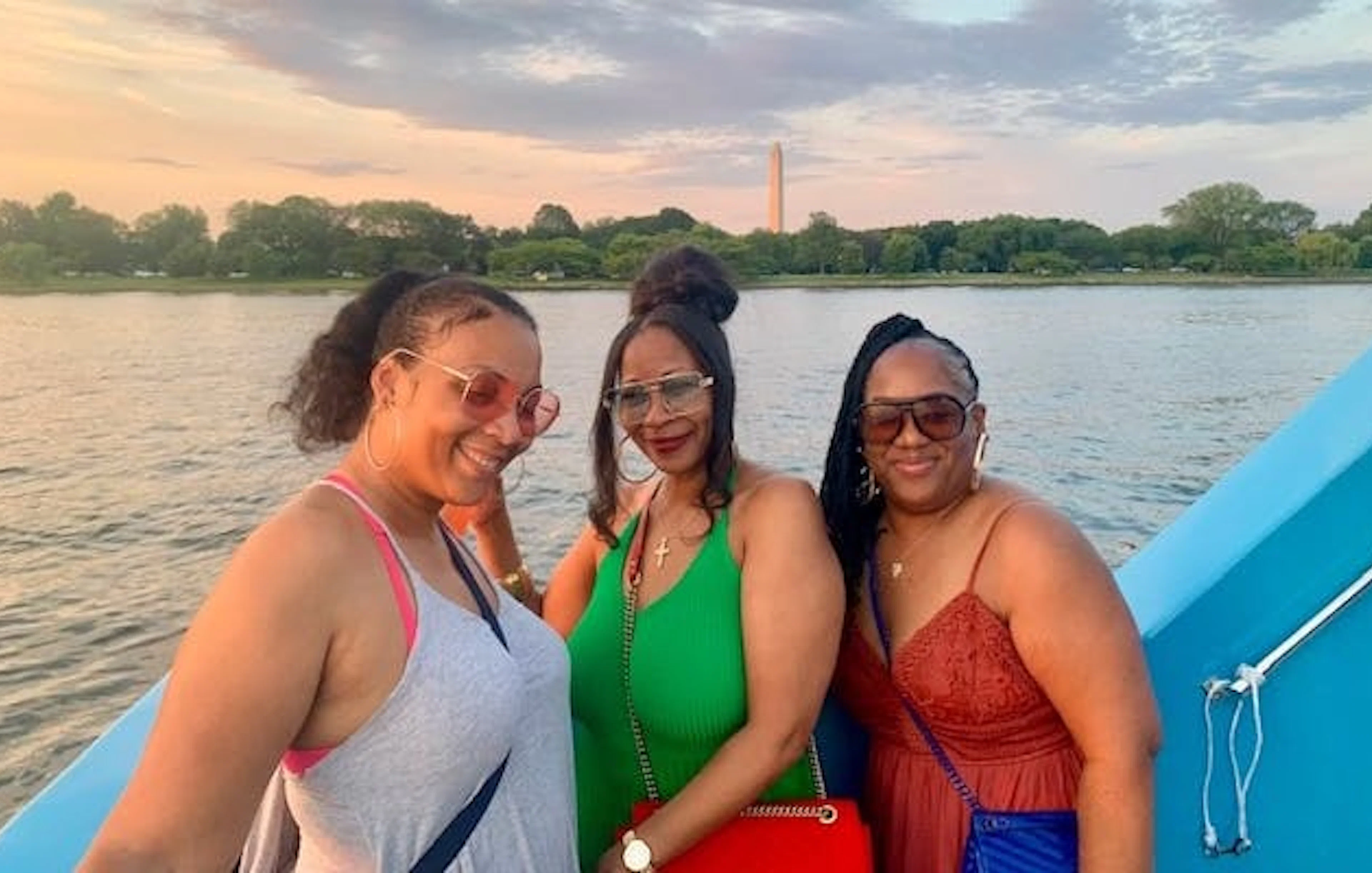 Sightseeing cruise on the Potomac River with Washington Monument in the background.