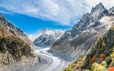 Chamonix Mont Blanc view with Mer de Glace glacier and surrounding mountains.