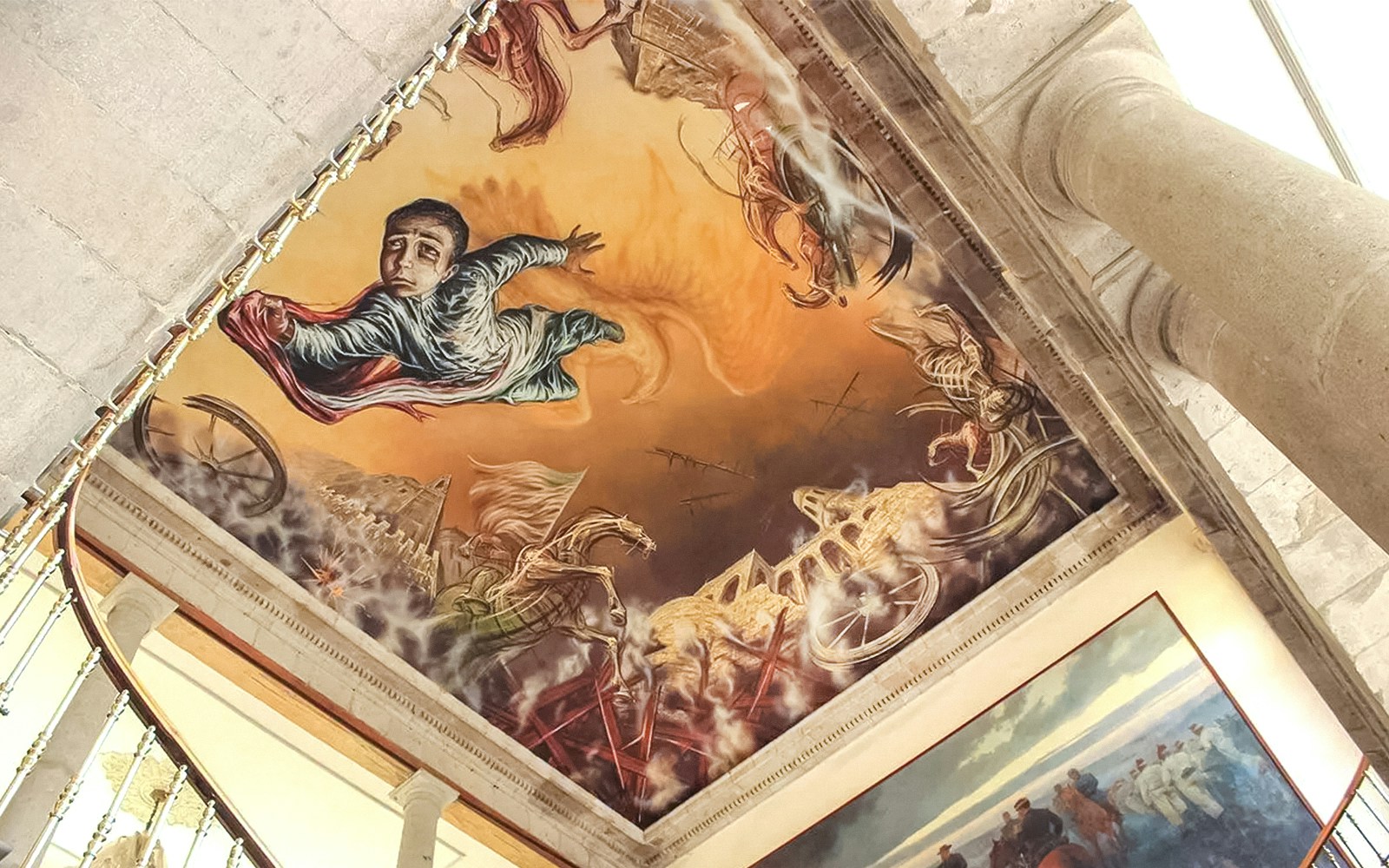 Chapultepec Castle ceiling mural with historical Mexican figures and vibrant artwork, Mexico City.